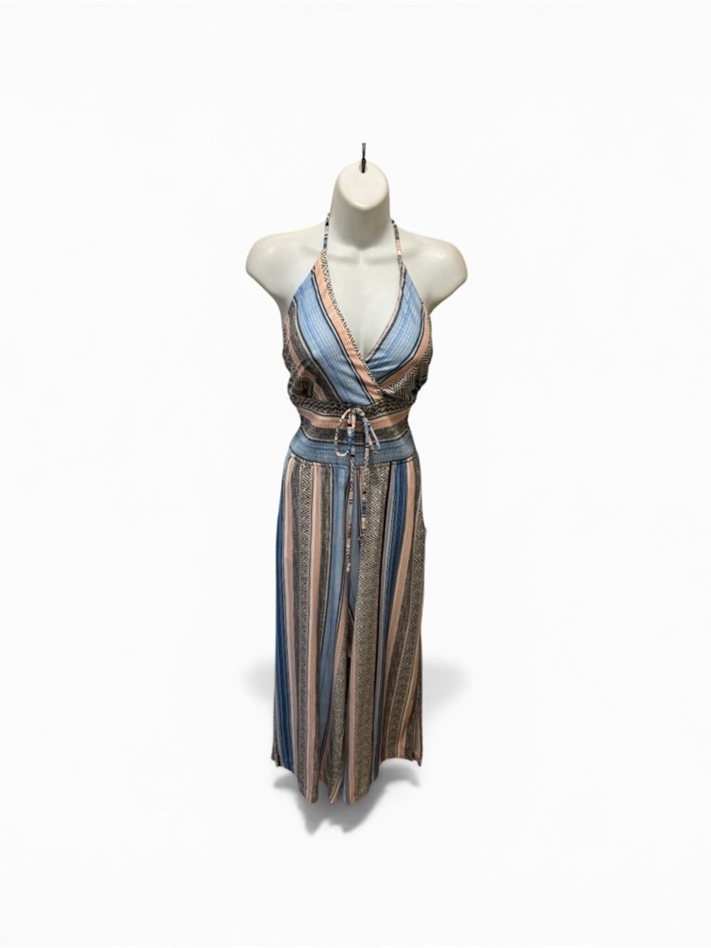 Venus Boho Striped Cropped Jumpsuit L/14 Halter Style Smocked Tassels Wide Leg